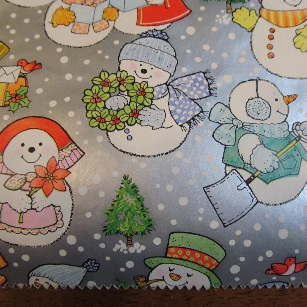 Vintage Hallmark Gift Wrap Paper Partial Roll ~ Snowmen w Trees, Sleds